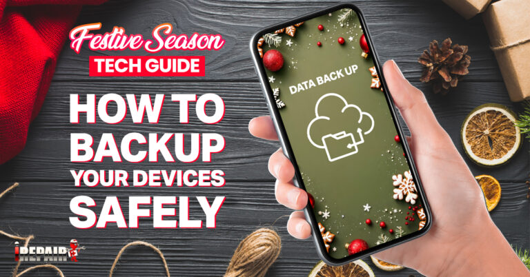 Image showing a guide to safely backing up devices during the festive season, featuring a laptop and smartphone with holiday decorations.