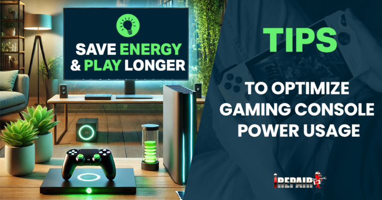 A gamer enjoying a session on their gaming console, surrounded by tips and strategies for saving energy and optimizing power usage to enhance gameplay.