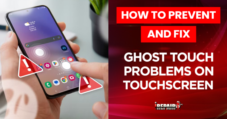A visual guide detailing steps to prevent and fix ghost touch problems on touchscreen devices.