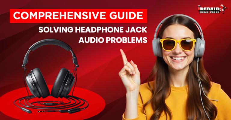 A visual guide illustrating steps to troubleshoot and solve headphone jack audio problems on a device.