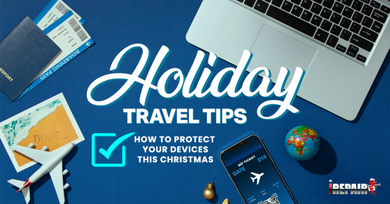 Image illustrating tips for protecting your device during holiday travel, featuring a smartphone and suitcase with holiday-themed elements.