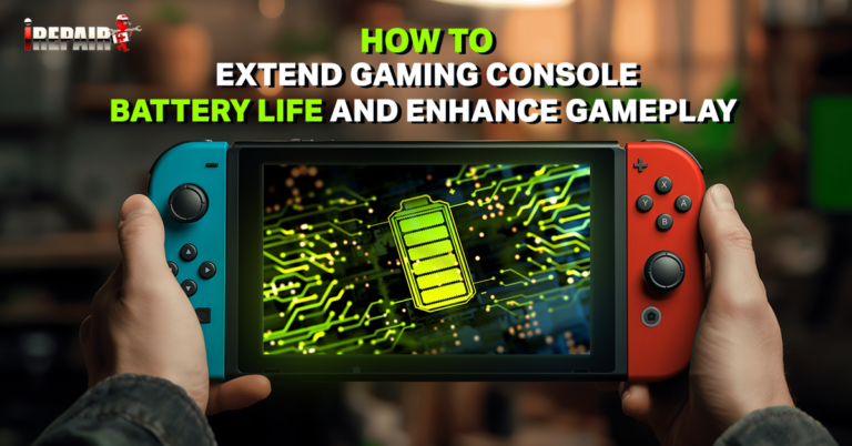 Alt Text: "A gaming console with a vibrant screen displaying gameplay, alongside tips and methods on how to extend gaming console battery life.
