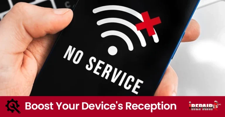 A person holding a smartphone with 'No Service' displayed on the screen, highlighting issues with mobile signal reception.