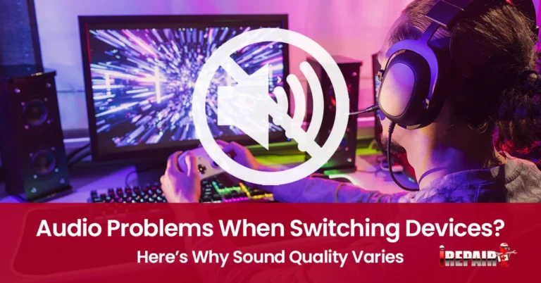 "Illustration showing common audio problems encountered when switching devices, highlighting issues like connectivity and compatibility