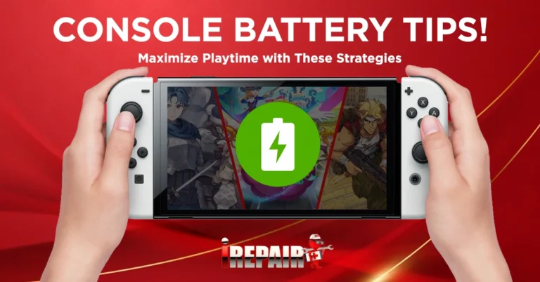 Illustration of a gaming console with a focus on battery optimization tips, including reducing screen brightness, closing unnecessary apps, and enabling power-saving mode.