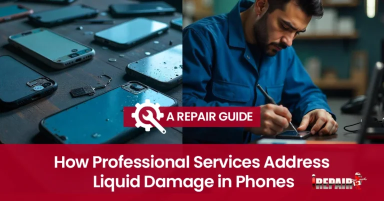 A technician repairing a water-damaged smartphone, using specialized tools to address liquid damage and restore functionality.