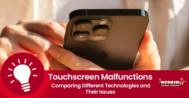 A close-up of a malfunctioning touchscreen device showing unresponsive areas on the display, with visible cracks and distortion in the screen.