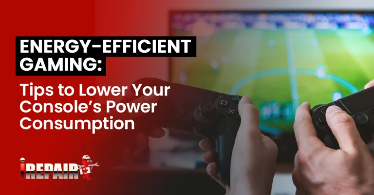 Gaming console with energy-saving mode activated, displaying power efficiency settings on screen, promoting lower electricity consumption for sustainable gaming.