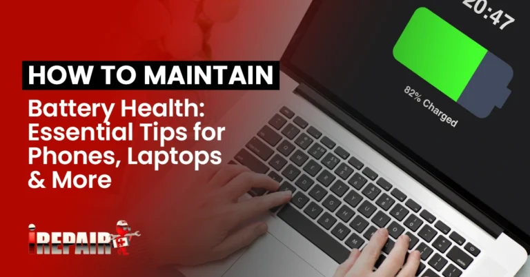 An informative graphic titled 'How to Maintain Battery Health - Essential Tips' featuring a laptop with a hand typing on the keyboard.