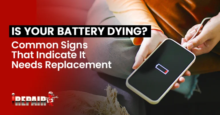 Close-up of a smartphone with a low battery icon, indicating a dying battery that may need replacement.