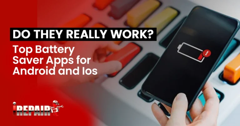 An image titled 'Top Battery Saver Apps for Android and iOS' featuring a smartphone and tablet displaying battery-saving app interfaces.