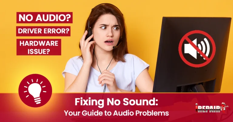 A girl wearing headphones is sitting in front of a computer monitor with a troubled expression, indicating she is experiencing no sound issues on her computer.